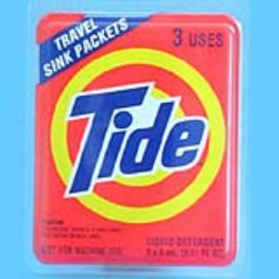 Detergent in single use packet, makes laundering a few times convenient when travelling