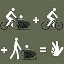 The trioBike unit can easily be converted from a bike carrier to a bike or to a push-cart