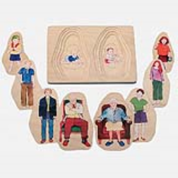 This nested puzzle for children depicts a growing boy and girl from babyhood to old age