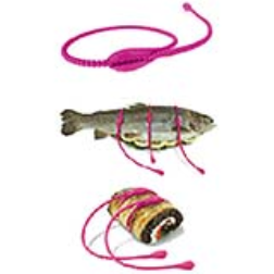 The foodloop strings snap together to form loops around any food you wish to keep closed and compact during cooking