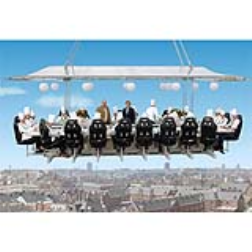 A dinner table hanging from a crane