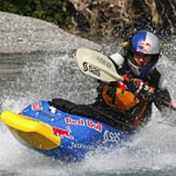 A kayak which is powered by an engine