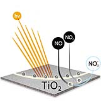 A floor tile containing titanium dioxide helps to oxidize the surrounding polluting gases