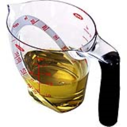 An angled surface on a measuring jug allows measurements to be made by looking straight down into the jug