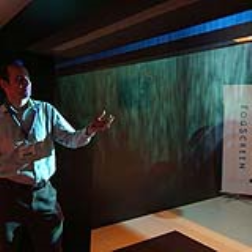The fog screen is created by using a suspended fog generating device giving objects the appearence of moving in thin air
