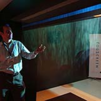 The fog screen is created by using a suspended fog generating device giving objects the appearence of moving in thin air