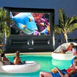 This inflatable outdoor theater system features big, weatherproof 8 foot screen that inflates in just four minutes with the powered air pump