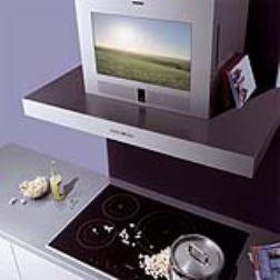 A cooking hood with built-in TV, radio and CD player