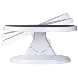 Decorating cakes is made easier by making a turntable for cakes that tilts. The table can be tilted to different angles making it easier to apply icing