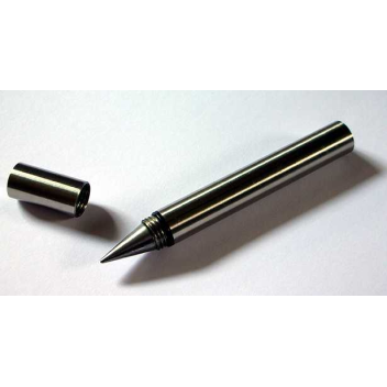 A stainless steel pen, 8cm long. However when you unscrew the top, the 'nib' is a solid piece of metal. There is no ink, yet this pen will write on virtually any type of paper
