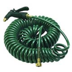 This coiled garden hose self-recoils, reducing the size
