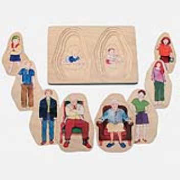 This nested puzzle for children depicts a growing boy and girl from babyhood to old age