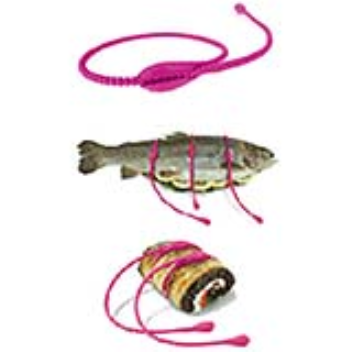 The foodloop strings snap together to form loops around any food you wish to keep closed and compact during cooking