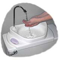 A sink on a toilets water tank uses the water to refill the toilet