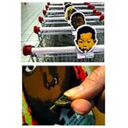 A shopping cart can help charity by using a cardboard face over the coin release