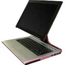 The laptop screen can be lifted and rotated to a comfortable level