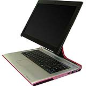 The laptop screen can be lifted and rotated to a comfortable level
