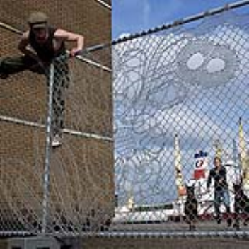 A chain link fence is deconstructed and rewoven into a classic bobbin-lace motif