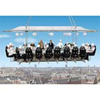 A dinner table hanging from a crane