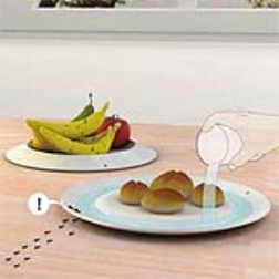 Add water to the dish's edge, thus keeping ants isolated from our food